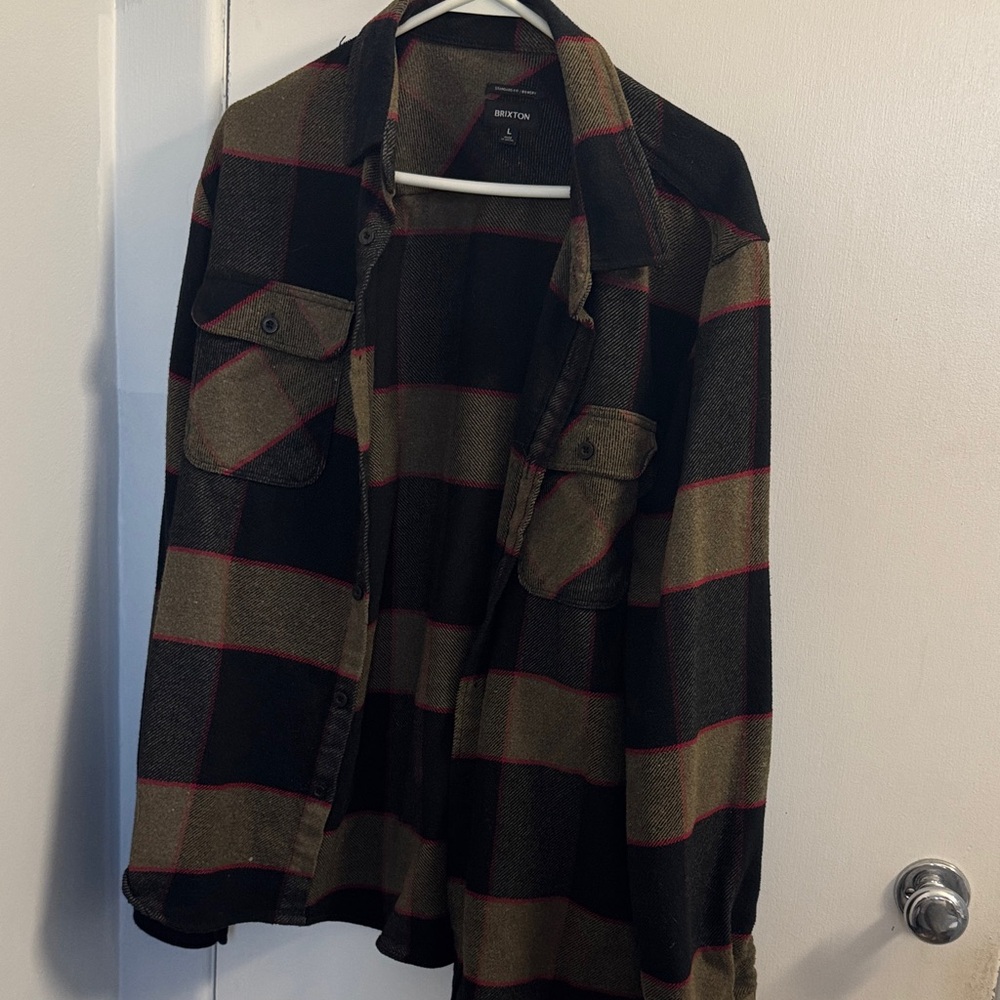 Brixton Olive Green and Black Plaid Lightweight Shirt Jacket with Red Accents